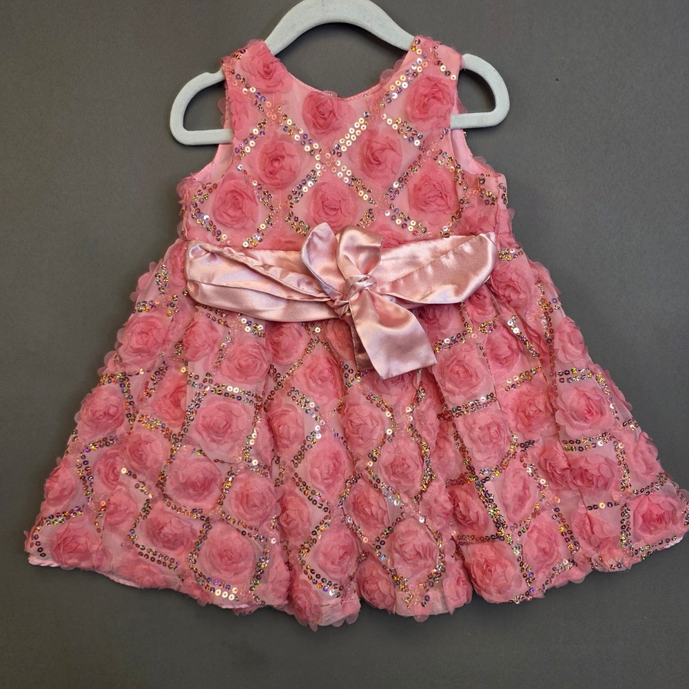 Rare Editions Dress Kids Rosette Sequin Satin Bow Pink 24M